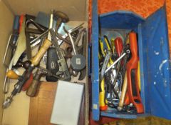 A box of assorted hand tools to include tap and die set, Stanley knife, hand drill, adjustable