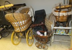 Assorted child's toy prams including wicker example with iron frame and wooden wheels, together with