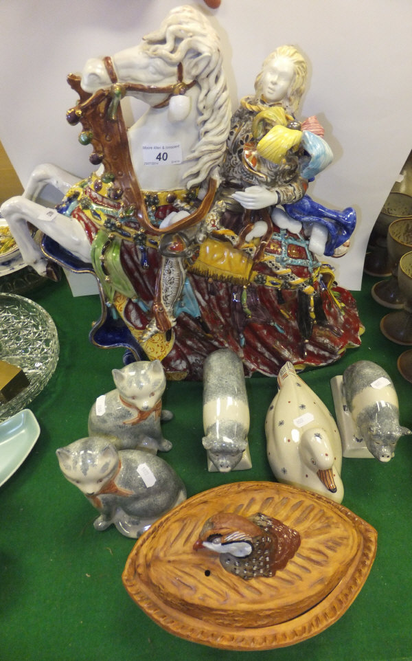 A large Continental ceramic figure of a knight on horseback, together with a collection of Rye