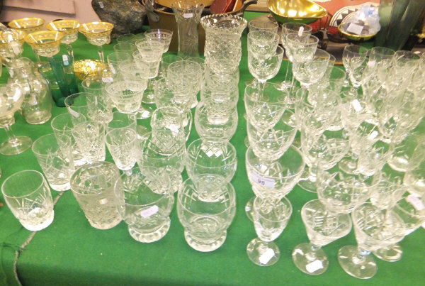 A set of six Stuart cut glass rummers, a cut glass vase, one other vase, assorted glass drinking
