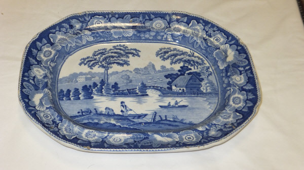 A box of assorted decorative china to include a Rogers blue and white meat platter, decorated with