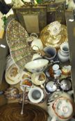 A box of miscellaneous china, glass and other wares, to include a pair of Adam style photograph