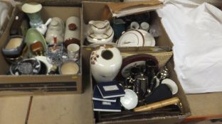 Three boxes of miscellaneous china wares to include stone foot warmers, a Burleighware part dinner