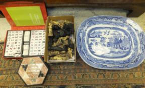 Two late 19th / early 20th Century Willow pattern meat plates, together with a mah-jong set, a