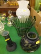 Two modern Galle style vases together with another green glass vase by Whitefriars and a white