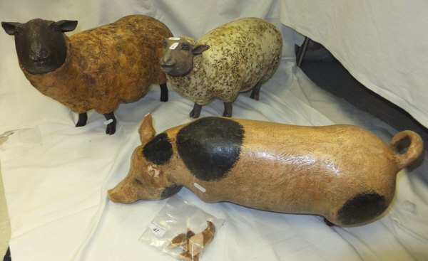 Two large studio pottery figures of sheep with shredded clay decoration, together with a large