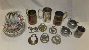 An early 20th century silver tankard (Birmingham 1927), two copper and brass tankards, various horse