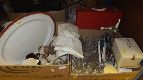 Two boxes of assorted sundry china and glass with assorted kitchenalia, together with an early