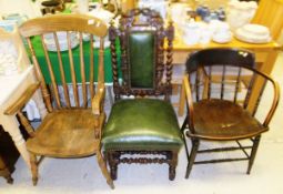 A Victorian spindle back Windsor type armchair, a circa 1900 carved oak dining chair in the Carolean