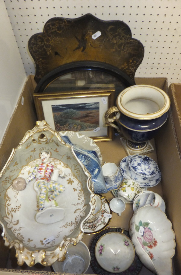 A box of miscellaneous china to include a 19th Century Chinese style sauceboat, a Continental figure