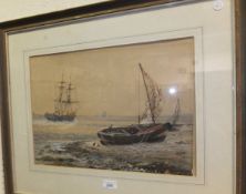 D B HENRY "Beached fishing boats with figures, further sailing vessels in the background",