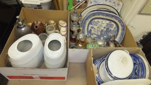 Three boxes of assorted china wares to include Wade spirit flagons, blue and white meat platters,