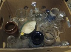 A box of assorted glassware etc, to include two decanters, etc