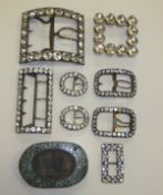 A collection of eight various 19th century paste buckles, and a turquoise mosaic effect frame