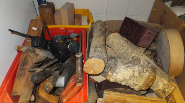 A box of various hand tools to include saws, etc, together with two boxes of assorted wood