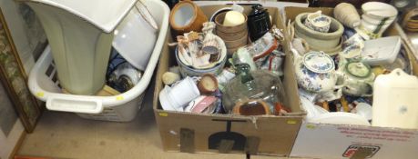 Eight boxes of assorted household china, glass, kitchen wares, etc, together with two modern prints