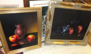 F SARRASANI "Apples on a table", acrylic on canvas, signed bottom left, LUCA "Apples and jug on a