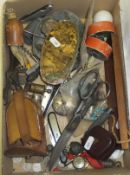 A box of sundry items, to include travelling ink well, scissors, corkscrew, knives, coinage, etc