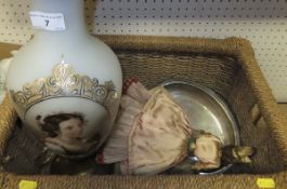 A 19th Century satin glass vase table lamp with central medallion depicting a woman with letter