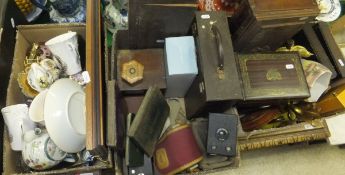 Three boxes of miscellaneous treen, china, cameras and other wares, to include three vintage