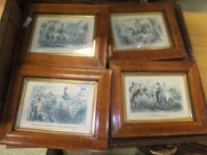 A set of four modern hunting prints and an oak tray