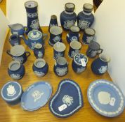 A collection of Wedgwood and other blue Jasperware miniatures and trinket dishes, etc to include