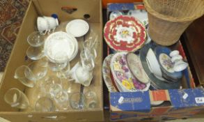 A box of assorted decorative plates, etc, together with a box of assorted glassware and a part tea