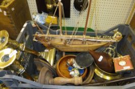 A pair of brass candlesticks, assorted other brass wares to include bowl and fire irons, wooden