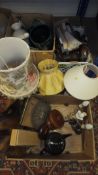 Three boxes of sundry items to include various leather cased tape measures, fan, carved wooden