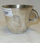 A mid 20th Century silver mug commemorating The Anniversary of Cirencester, engraved "Corinium 75-