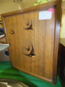 A Sorrento ware three part folding dressing table mirror with inlaid swallow decoration to front,