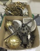Two boxes of assorted wall and hanging lights to include a wrought iron painted hanging lamp in
