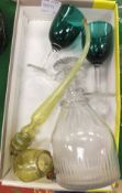 A vaseline glass pipe, a decanter and two wine glasses   CONDITION REPORTS  All in used condition
