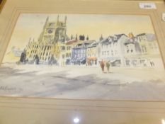 F E KIMBER "Cirencester Market Place with figures", watercolour, signed and dated '90 bottom left