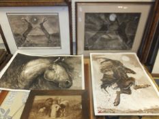 C M "Dancing hares", "Flute-playing hare", "Boxing hares", monochrome watercolour studies,