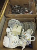 A box of assorted china and glassware to include cow creamers and a pair of champagne flutes,