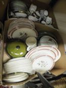 Two boxes of china wares to include a Wedgwood "Albany" pattern part dinner service, a Plant