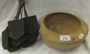 A set of twelve cast iron garden signs and a carved wooden bowl   CONDITION REPORTS  All items are