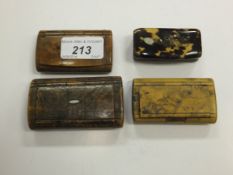 Three various 19th Century wooden snuff boxes, together with a tortoiseshell, inlaid and horn
