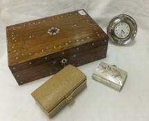 A 19th Century mahogany and inlaid jewellery box, together with a plated circular desk clock, the