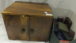 A collection of assorted jewellery cases and a teak coin collector's cabinet