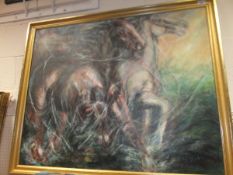 B BALIS "Three horses in surf", oil on canvas, signed bottom right, together with two prints and two