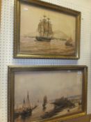 W T DRY "West Indian coastal landscape with battleship and other vessels", watercolour heightened
