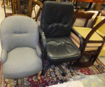 A black office swivel armchair, a pair of 19th Century dining chairs with baluster turned front