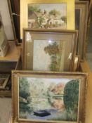 A box of 15 various paintings and prints including "River landscape" bearing name CAREL WEIGHT,