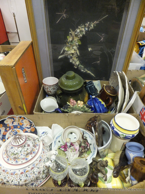 Two boxes of assorted china wares to include a Poole pottery posy dish, capo-di-monte style figures,