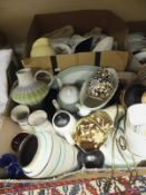 Two boxes of assorted mid 20th Century and later china wares to include vases, dinner wares, etc,