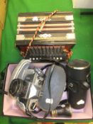 A Chinon CX camera, lens and two pairs of binoculars, together with a Worldmaster accordion