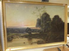 J M DUCKER "Figures by riverside at sunset", oil on canvas, signed bottom left