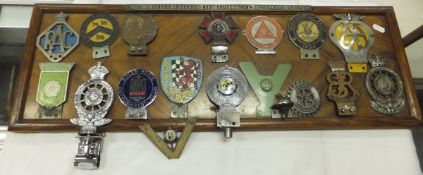 A display of various car badges, together with several loose examples to include the 1953